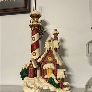 Festive Red and White Holiday Lighthouse Decoration by David Frykman Portfolio